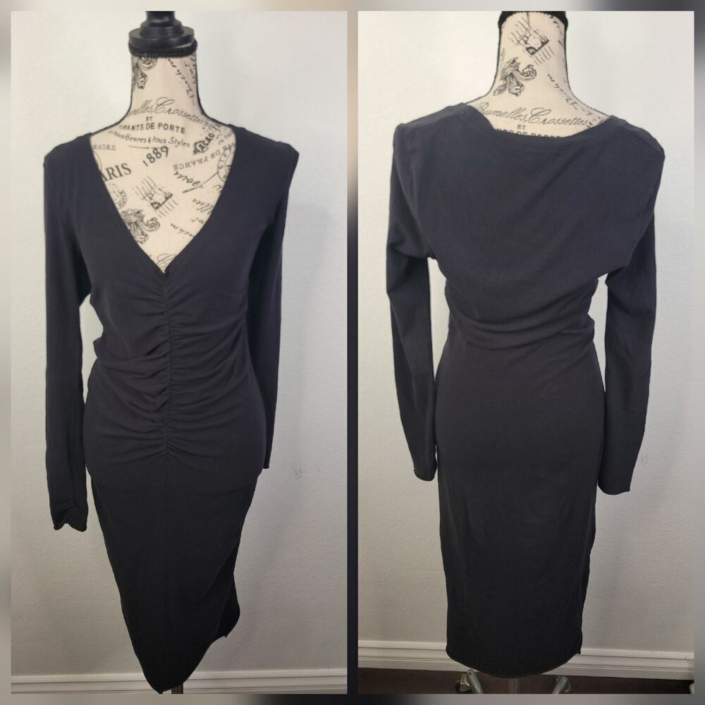 James Perse Deep Front Midi Dress Sz 1 Small Black Long Sleeve ruched Minimalist